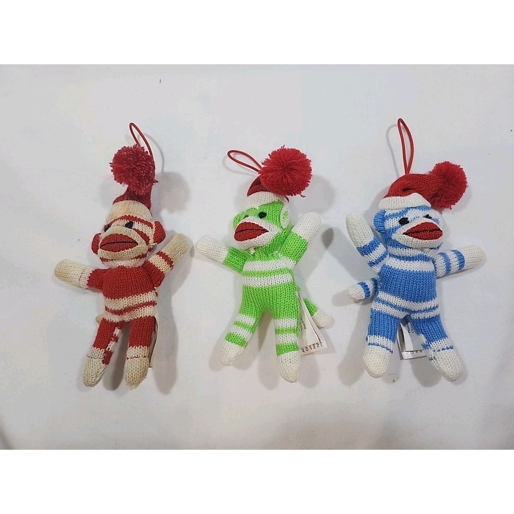 2011~Plushland Brand~(3) Sock Monkey's Wearing Hats~ 5" Tall~Blue, Green & Red